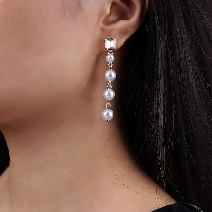 Vintage Crystal Pearl Drop Earrings Long