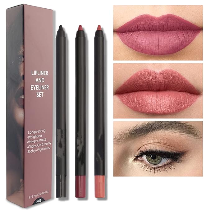 MAEPEOR Matte Lipliner and Eyeliner Kit 3 PCS Smoothly Creamy Lipliner and Eyeliner Pen Set for Daily Wear (3PCS Kit 1)