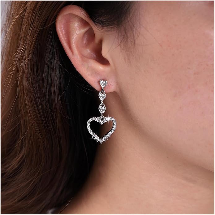 Vintage Rhinestone Heart Dangle Earrings Long