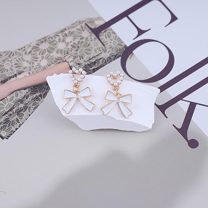 Vintage Pearl Bow Dangle Earrings Pearl