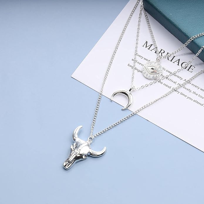 Boho Layered Moon Necklace Silver Compass