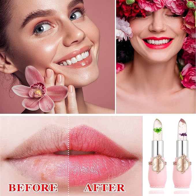 2 Pack Crystal Jelly Flower Lipstick,Magic Temperature Color Change Lip Gloss Lip Stick PH Clear Magic Lipstick Long Lasting Nutritious Moisturizing Lip Balm(Set C)