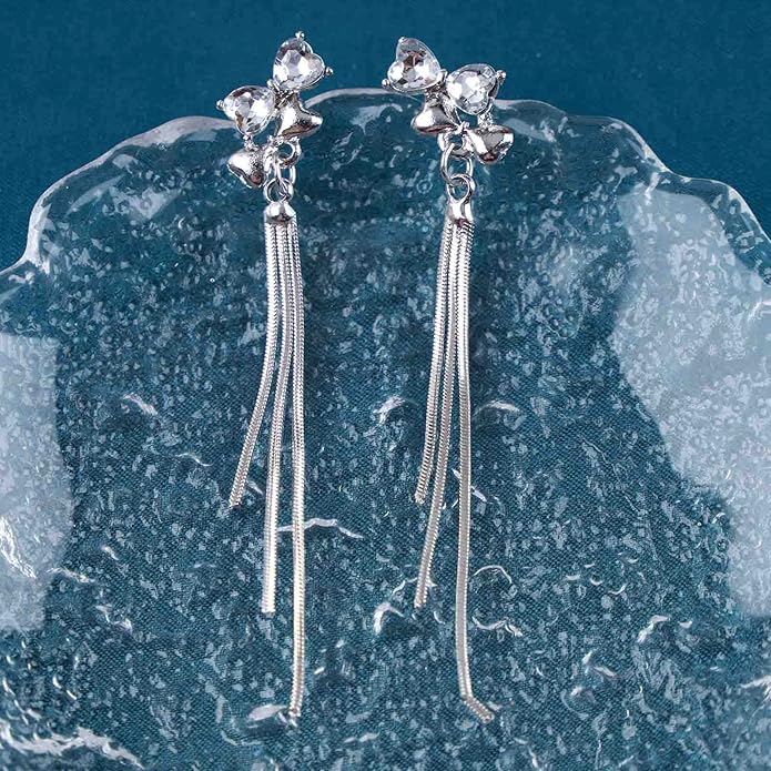 Vintage Crystal Bow Chain Drop Earrings Rhinestone Heart