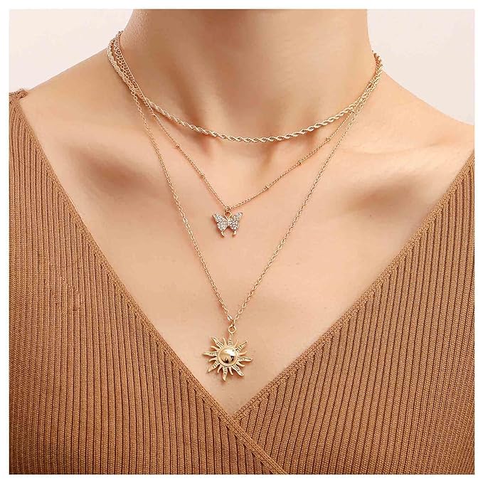 Bohemia Layered Sun Necklace Choker Crystal Butterfly Pendant