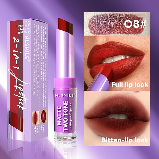 Matte Red Lipstick for Women, 2 In 1 Two-Tone Lipstick Long Lasting Moisturize Non-Sticky Bitten Lip-look Lip Makeup, Silk Finish Matte Lipstick, High Pigment Lip Waterproof Lipstick for Women (#08)