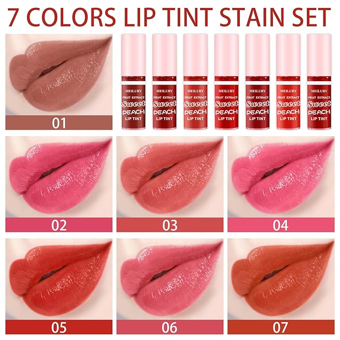 7 Colors Lip Stain Set, Watery Lip Tint Stain Mini Liquid Matte Lipstick, Multi-use Lip Cheek Tint, Moisturizing Plump Lip Gloss, Lightweight Non-Sticky, Long Lasting Vivid Lip Tint Makeup (Peach)