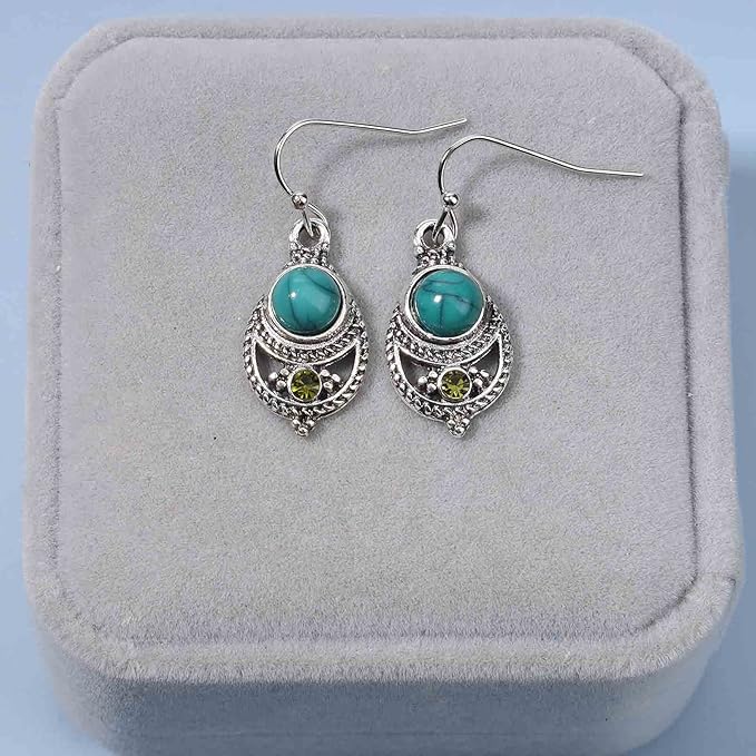 Boho Ethnic Turquoise Drop Earrings Silver