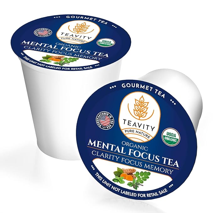 Organic Tea Pods with Moringa, Peppermint, Holy Basil & Turmeric - Naturally Decaf Tea - Mental Focus by Teavity (36 Tea Pods)