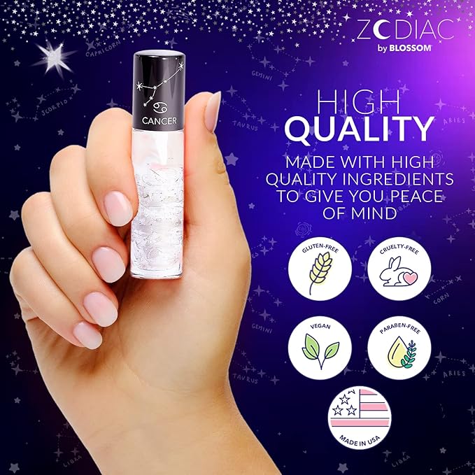 Blossom Zodiac Sign Vanilla Scented Moisturizing Roll-On Lip Gloss with Crystals, Made in USA, 0.20 fl. oz./5.9ml, Cancer