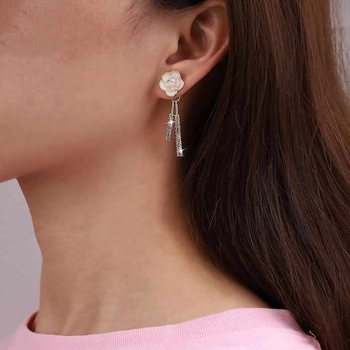 Vintage Crystal Flower Drop Earrings Pearl
