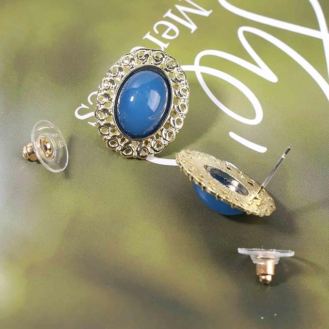 Vintage Oval Blue Gem Earrings Blue Lapis Earrings