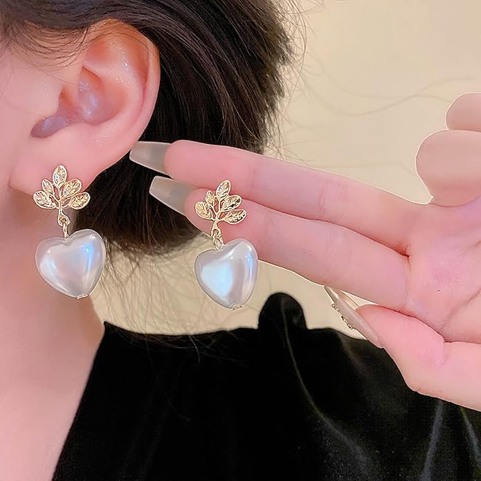 Vintage Pearl Heart Drop Earrings Gold