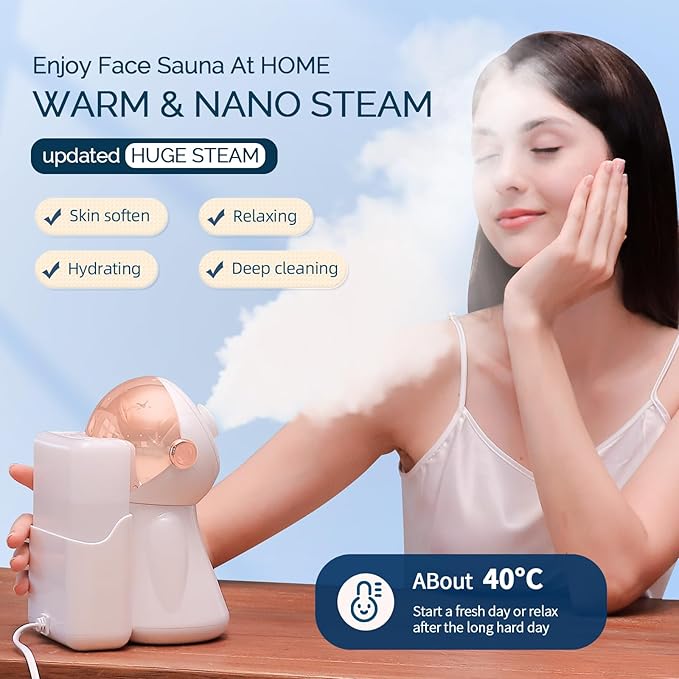 Facial Steamer,with 7 Colors Led Light,Face Steamer for Facial Deep Cleaning,Warm Mist Nano Ionic Steamer for Face Spa Kit,Face Humidifier,Facial Sauna Use at Home, Gift for Women(Rosegold with Light)