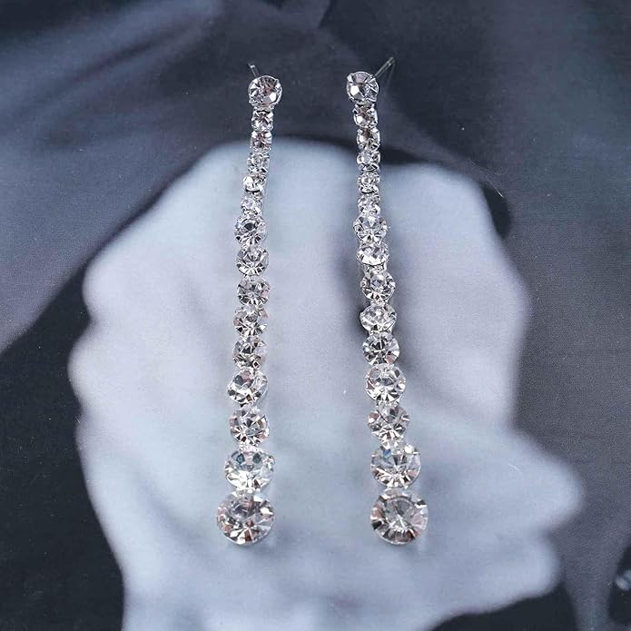 Vintage Rhinestone Chain Drop Earrings Silver Linear Crystal