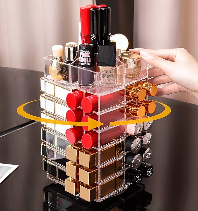 Sooyee Lipstick Organizer,53 Spaces 360 Degree Spinning Lipstick Holder,Acrylic Cosmetic Display Cases for Lipstick, Brushes, Bottles, and more,Clear