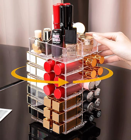 Sooyee Lipstick Organizer,53 Spaces 360 Degree Spinning Lipstick Holder,Acrylic Cosmetic Display Cases for Lipstick, Brushes, Bottles, and more,Clear