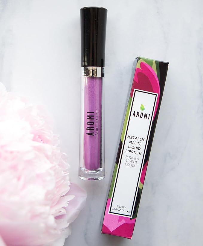 Aromi Purple Lilac Metallic Liquid Lipstick | Bright Lavender Lip Color with Shimmery Finish, Vegan and Cruelty-free, Long-Lasting, Smudge Proof (Purple Unicorn)