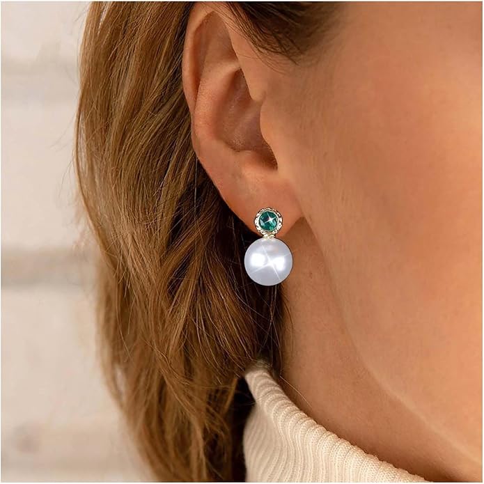 Vintage Emerald Pearl Earrings Gold Pearl Drop Earrings