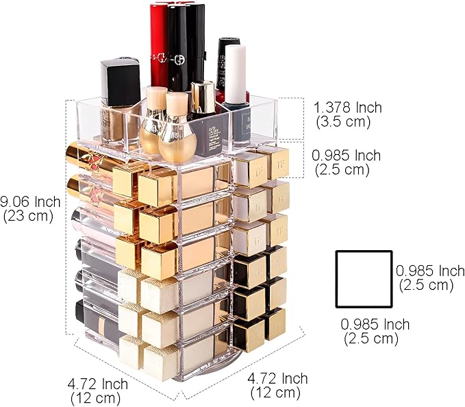 Sooyee Lipstick Organizer,53 Spaces 360 Degree Spinning Lipstick Holder,Acrylic Cosmetic Display Cases for Lipstick, Brushes, Bottles, and more,Clear