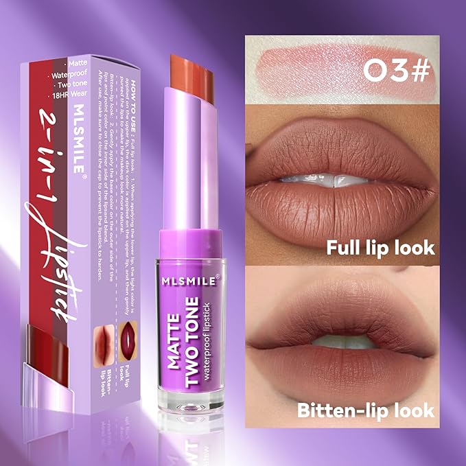 Nude Lipstick, 2 In1 Two Tone Bitten Moisturzing Waterproof Lipstick Gradient Bitting Matte Lipstick V Styling Glimmer Balm, Long Lasting Waterproof Silk Finish Lip Gloss for Women (#03)