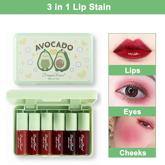 6 Colors Lip Tint Stain Set, Multi-Use Lip & Cheek Tint Korean Makeup Mini Liquid Lipstick, Avocado Moisturizing Lip Stain Lip Gloss