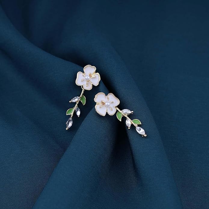 Vintage Pearl Flower Earrings Crystal Leaf