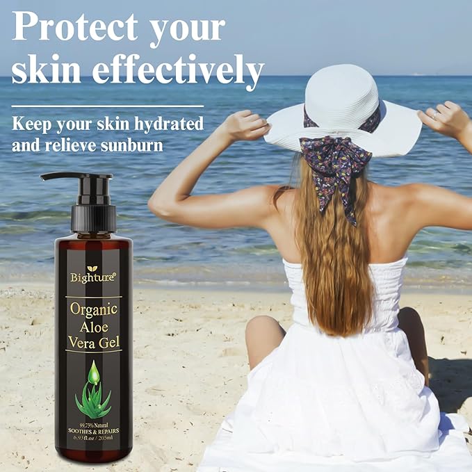 Aloe Vera Gel for Skin, Aloe Vera Gel Infused with Tea Tree Oil for Hydrating, Repair Skin, Organic Aloe Vera Gel Extract from Fresh Pure Aloe Vera for Sunburn Relief, Hair, Razor- 6.76 Fl Oz