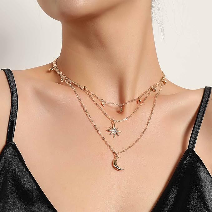 Bohemia Layered Star Choker Necklace Crescent Moon Pendant