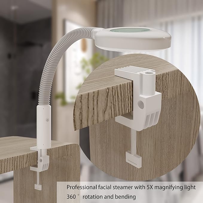 Facial Steamer with Magnifying Lamp, Face Steamer for Esthetician, 2 in 1 Facial Steamer Professional, Face Steamer for Facial Deep Cleaning(White).