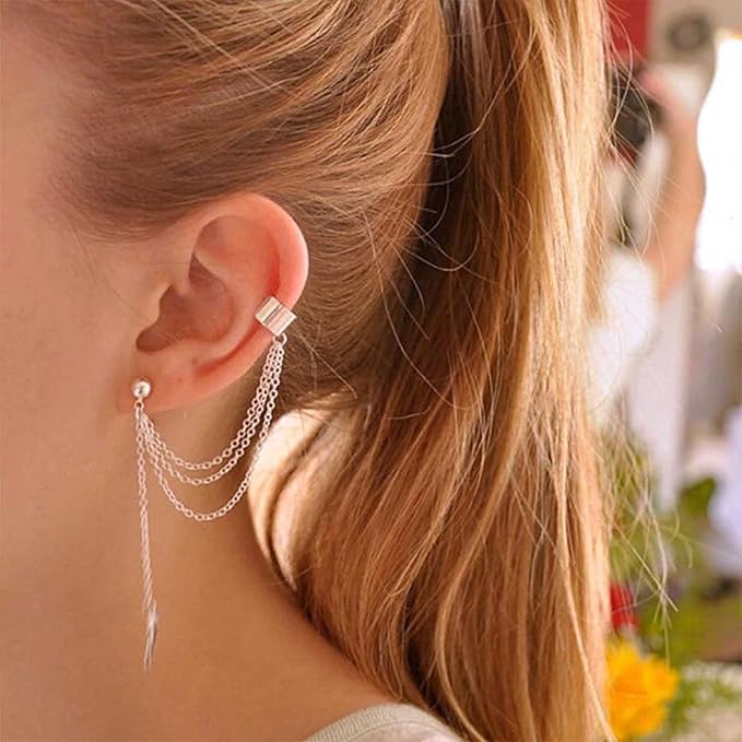 Boho Leaf Cuff Chain Earrings Silver