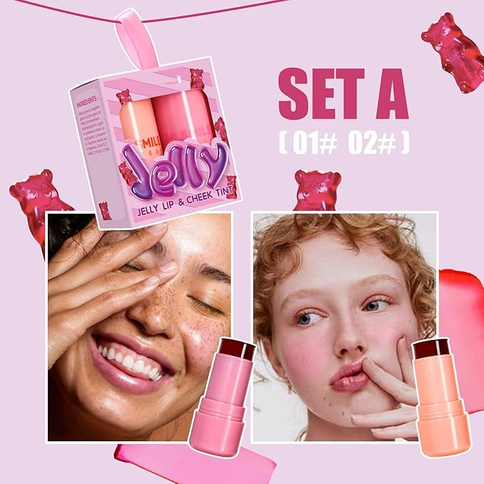 2 Pcs Milk Jelly Blush, Milk Cooling Water Jelly Tint, Vivid Color Water Jelly Tint Milk Blush, Sheer Eye Lip & Cheek Stick Stain, Long Wearing, Watercolor Finish Lip Gloss for Women, 01&02