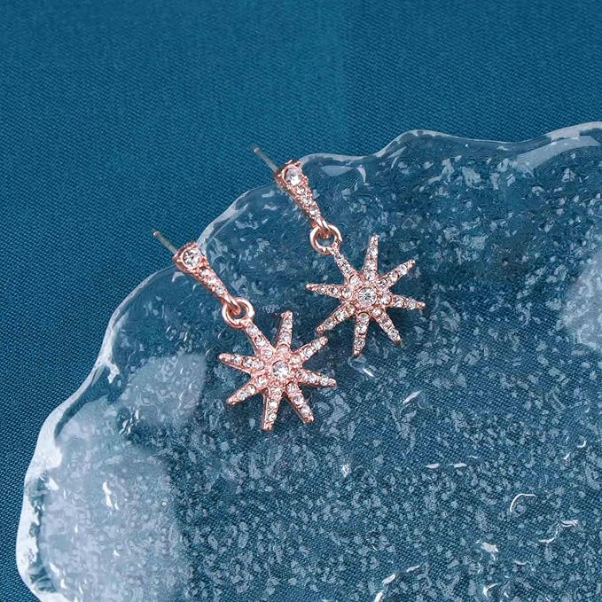 Boho Crystal Sunburst Earrings Rose Gold Star Drop