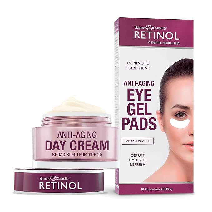 Retinol Anti-Aging Day Cream Broad Spectrum SPF 20 Moisturizes & Reduces Look of Fine Lines Anti-Aging Eye Gel Pads – Soothing Vitamin A Reduces Puffiness & Refreshes the Under Eye Area.