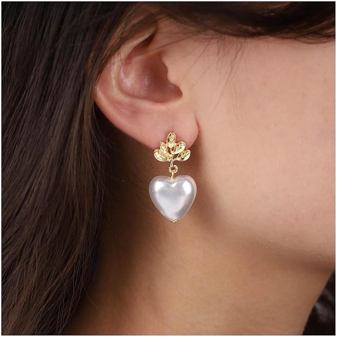 Vintage Pearl Heart Drop Earrings Gold