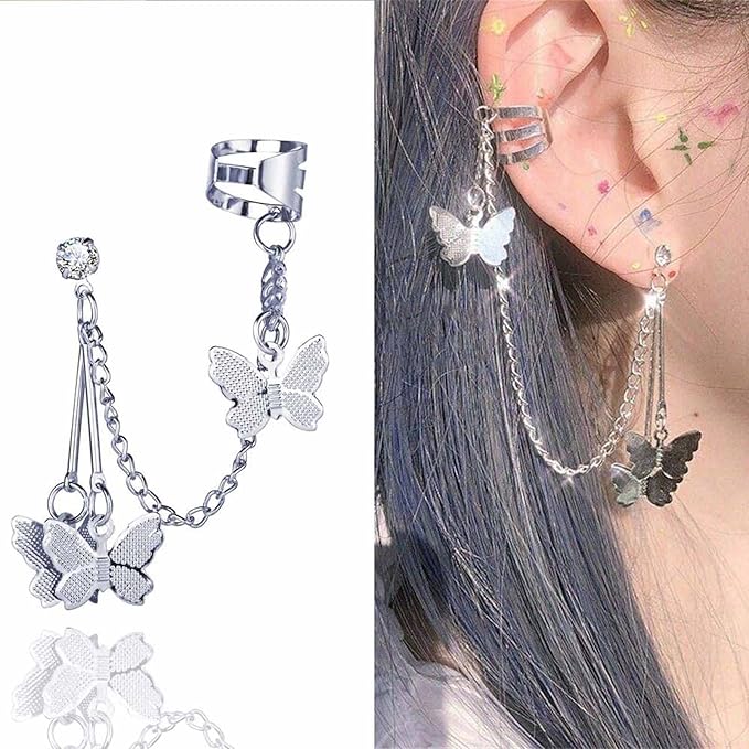 Silver Butterfly Chain Tassel Cuff Earrings