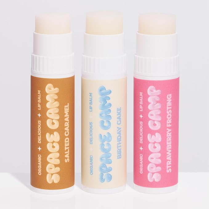 Space Camp Wellness Jumbo Lip Balm - Birthday Pack Variety Flavored Balm (Birthday Cake, Salted Caramel, Strawberry Frosting) - 3 Pack