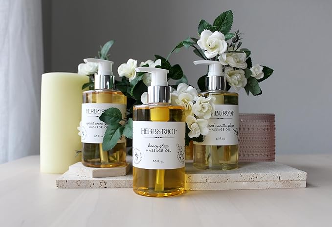 Massage Oil Gift Set, Warming Massage Oils for Couples, Vanilla, Cocoa, and Honey, Edible Massage Oils by Herb & Root, Blend to Relax Tense Muscles, Hypoallergenic Skin Therapy,