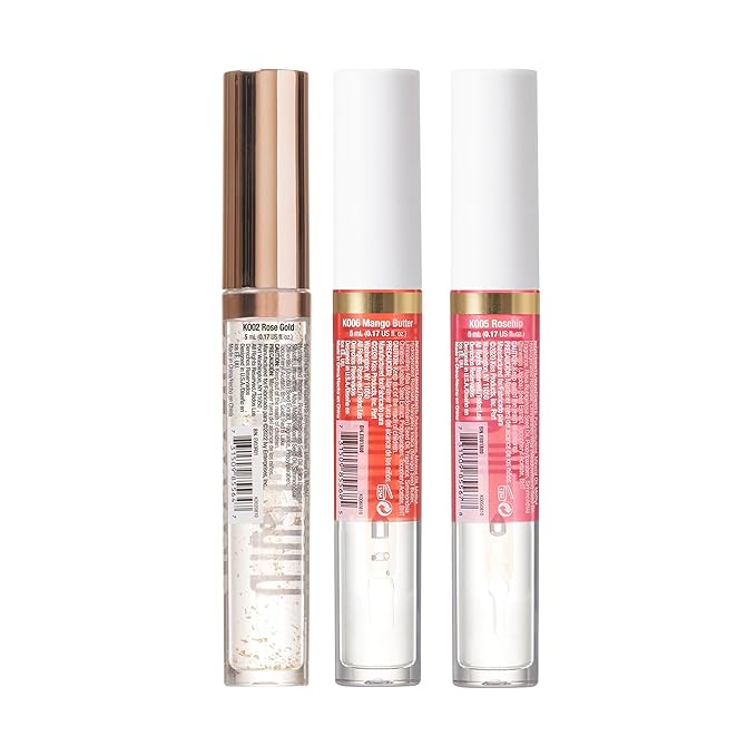 Kiss New York 3 PACK Lip Oil Gloss, Hydrating Non-Sticky Lip Oil, 100% Natural Oil Clear Lip Gloss, Lightweight Lip Moisturizer (Rosegold & Rosehip & Mango Butter)