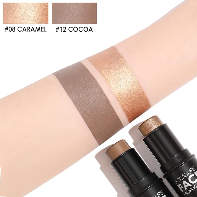 FOCALLURE 2 Pcs Mineral Cream Contour Stick,Moisturize Highlighter Illuminator Makeup,Medium-deep