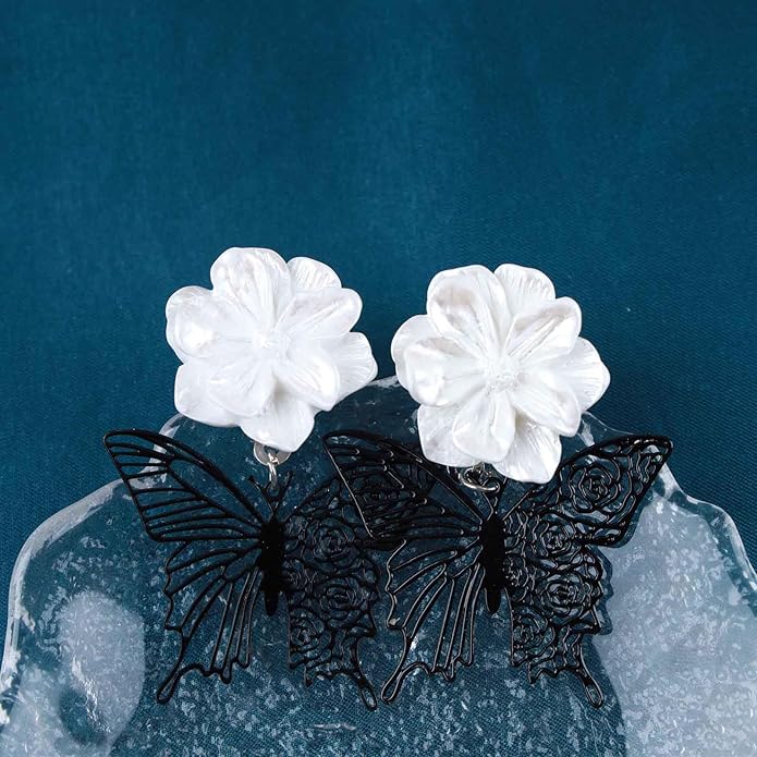 Vintage Black Butterfly Flower Drop Earrings
