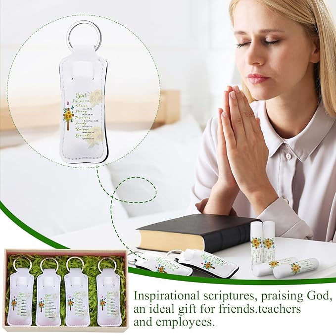 18 Sets Christian Inspiration Gift Lip Balm Bulk and Lipstick Holder Keychains Set Bible Verse Gift for Women Teacher Mom Church Favors(Bible)