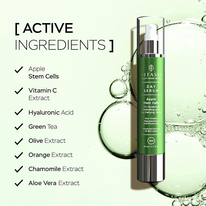 AM Day Serum W/Apple Stem Cells, Hyaluronic Acid, Green Tea, Chamomile Extract, Orange, Vitamin C, Olive & Aloe Vera for Face - Anti-Aging & Moisturizing Facial Serum for Women - 1.7 Fl oz