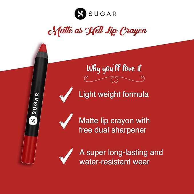 SUGAR Matte as Hell Crayon Lipsticks for Women | Lasts Upto 12hrs | Lip Crayon with Sharpener | 2.8gm - 01 Scarlett O'Hara