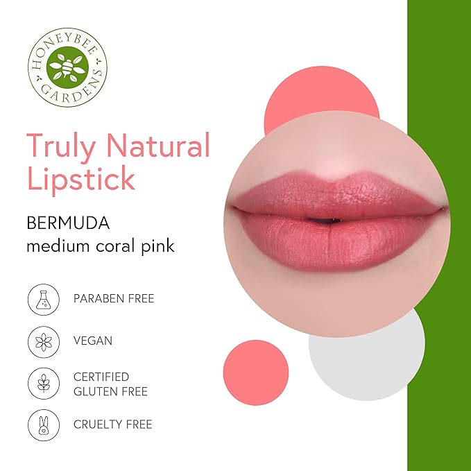 Honeybee Gardens Truly Natural Long Lasting Lipstick, Bermuda, Matte Medium Coral Pink, Naturally Hydrating & Nourishing, Vegan, Gluten-Free & Cruelty-Free, 0.13 oz / 3.8 g
