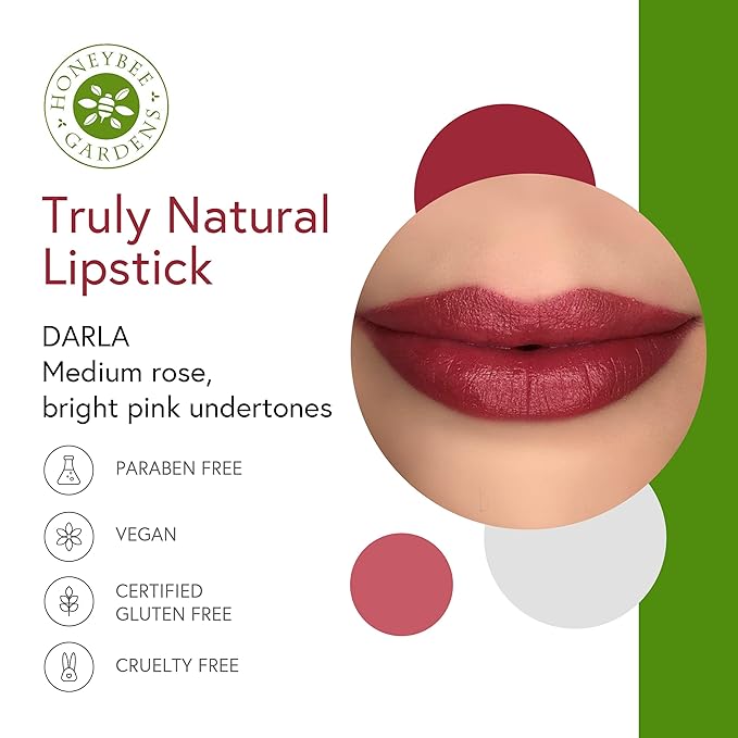 Honeybee Gardens Truly Natural Long Lasting Lipstick, Darla, Medium Rose with Pink Undertones, Naturally Hydrating & Nourishing, Vegan, Gluten-Free & Cruelty-Free, 0.13 oz / 3.8 g