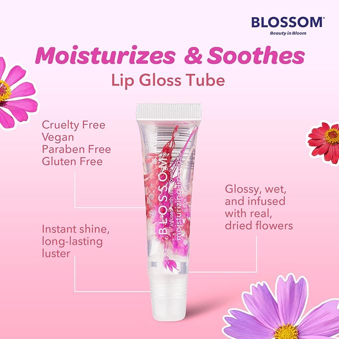 Blossom Scented Moisturizing Lip Gloss Tubes, Infused with Real Flowers, 0.6 fl. oz/18ml, 2 pack Gift Set, Strawberry/Watermelon