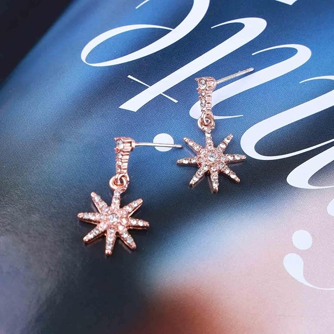 Boho Crystal Sunburst Earrings Rose Gold Star Drop