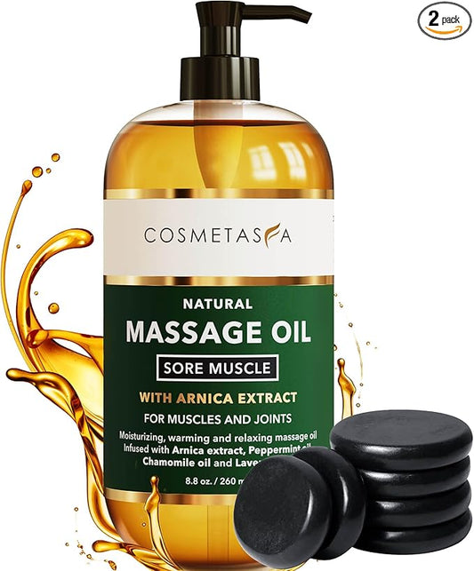 Cosmetasa Sore Muscle Massage Oil with Massage Hot Stones - Soothes Muscle and Joint with Arnica Extract, Peppermint, Chamomile, and Lavender Oil