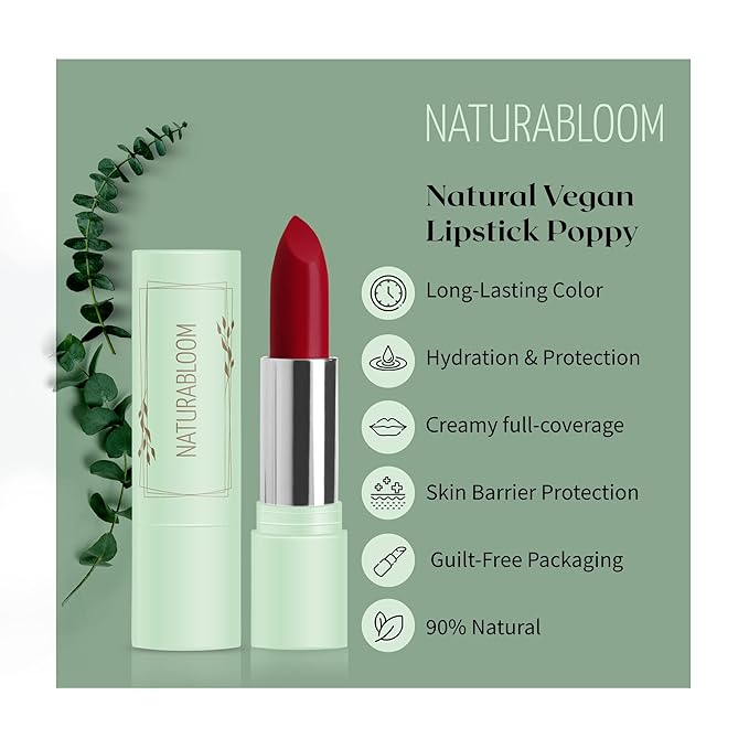 Vegan Lipstick (Poppy) - Sensational One-Stroke Long Lasting Lipstick from Natural Oils & Butters Full-Coverage Lip Color with Shea Butter & Coconut Extact - Premium Hydrating Lipsticks