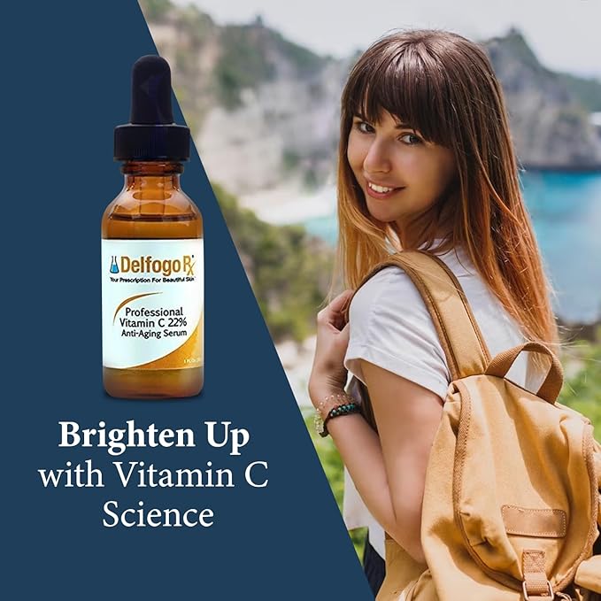 Delfogo RX Professional 22% Vitamin C Facial Serum - High Potency of Vitamin C, Ferulic Acid, & Vitamin E - Collagen Face Serum for Women Plant-Based Brightening Skin Care